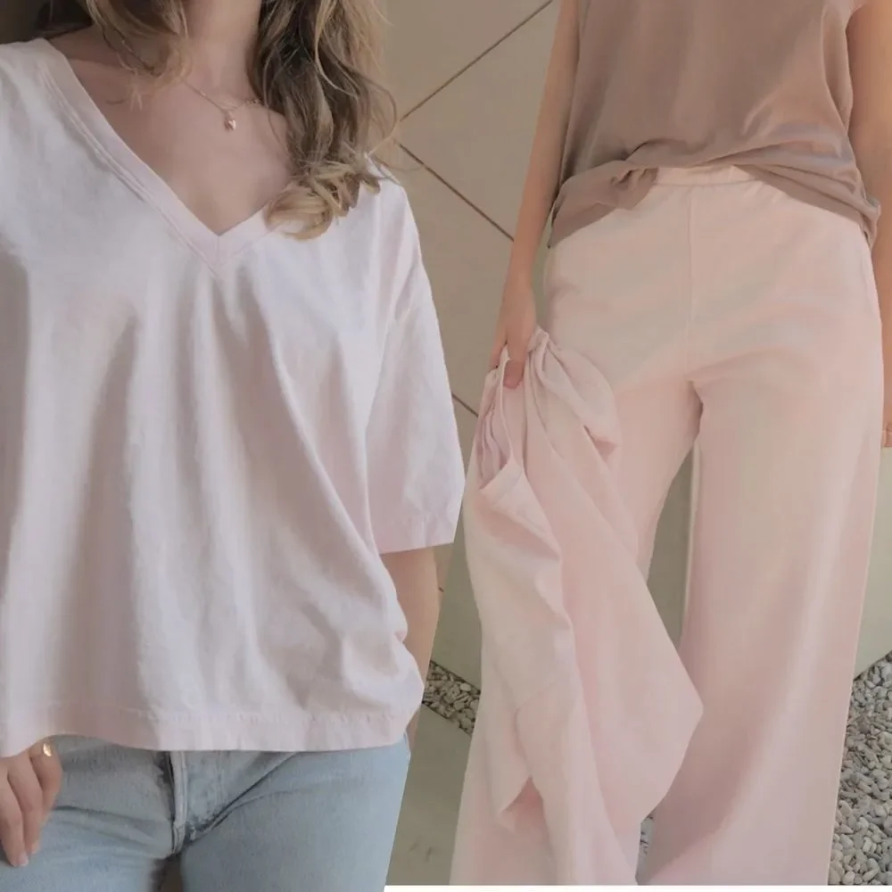 Laszlo Baby Pale Pink Wide Leg Pants and V-neck Tee Lounge Set Large